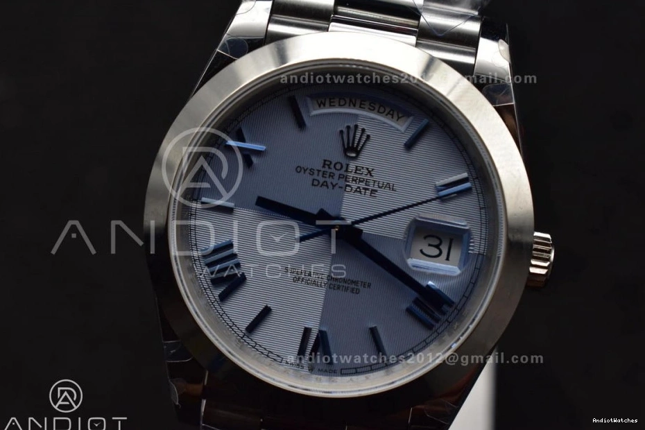 On President Steel Trendsetting Bracelet 40 A3255 GMF 703 V Dial Weighted Markers Tungsten Roman DayDate 904L Blue 0826